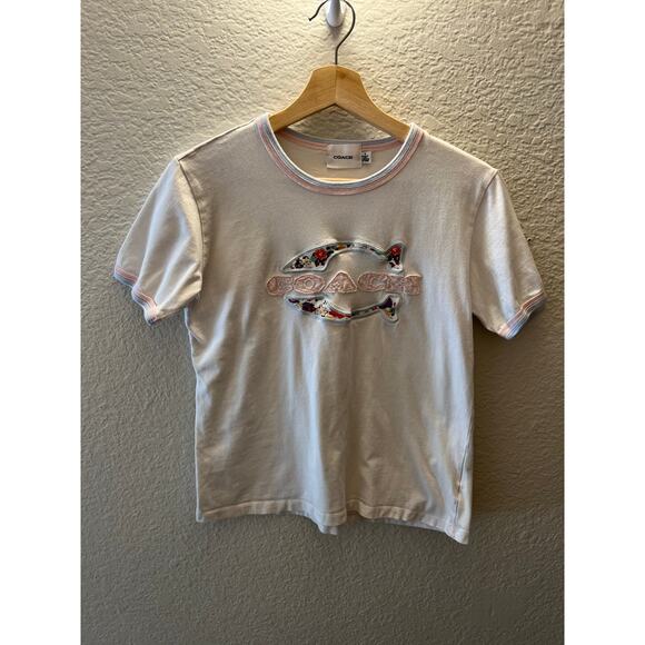 Coach Floral Appliqué Logo Tee White Pastel Ringer Short Sleeve Size M - Picture 2 of 5